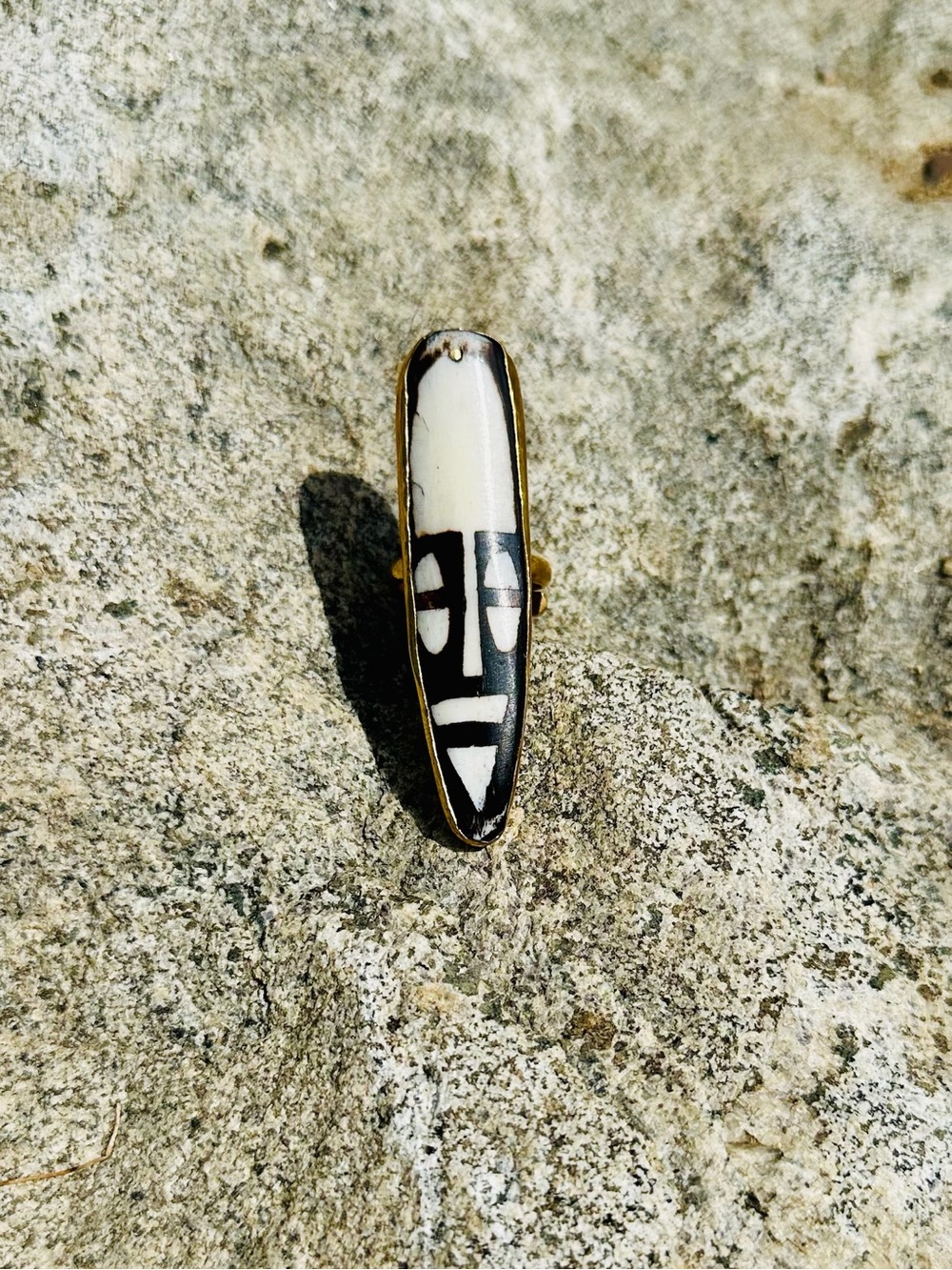 Hand-Painted Tribal Mask Statement Ring in Black and Cream and Brass